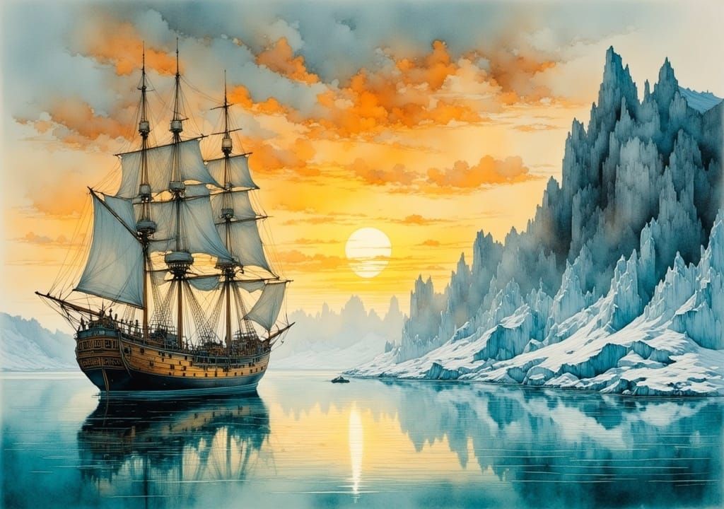 Majestic Sailing Ship in Breathtaking Ice Landscape at Sunse...