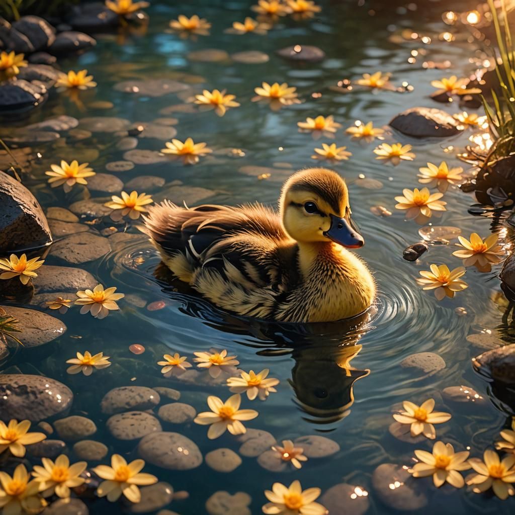 Enchanted Duckling in Sunset River, Fantasy Illustration