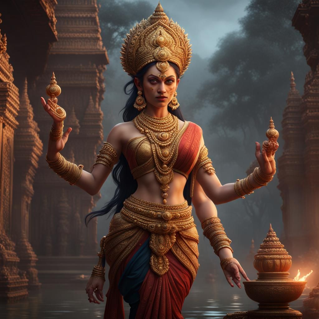 Apsara Wielding Mudgar: Detailed Matte Painting