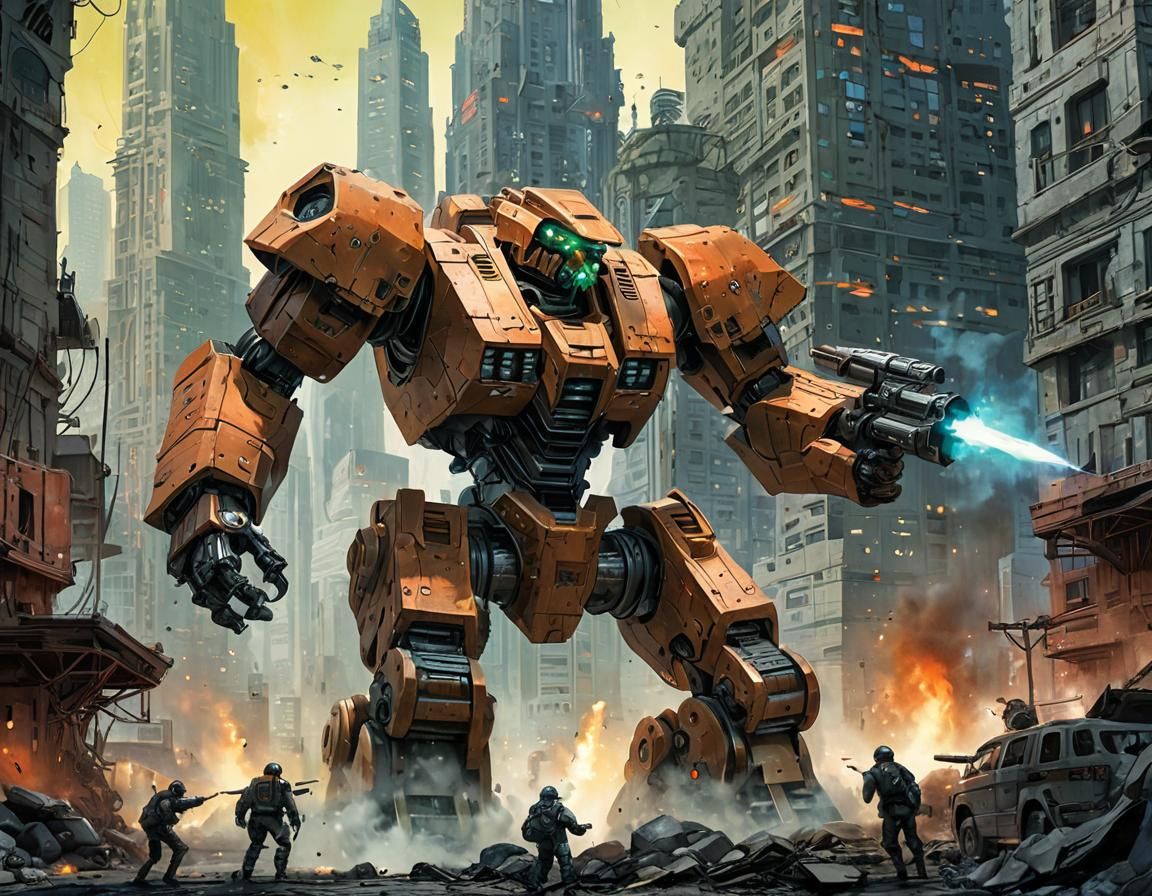 Mech vs Kaiju in Futuristic Cityscape: Sci-Fi Art