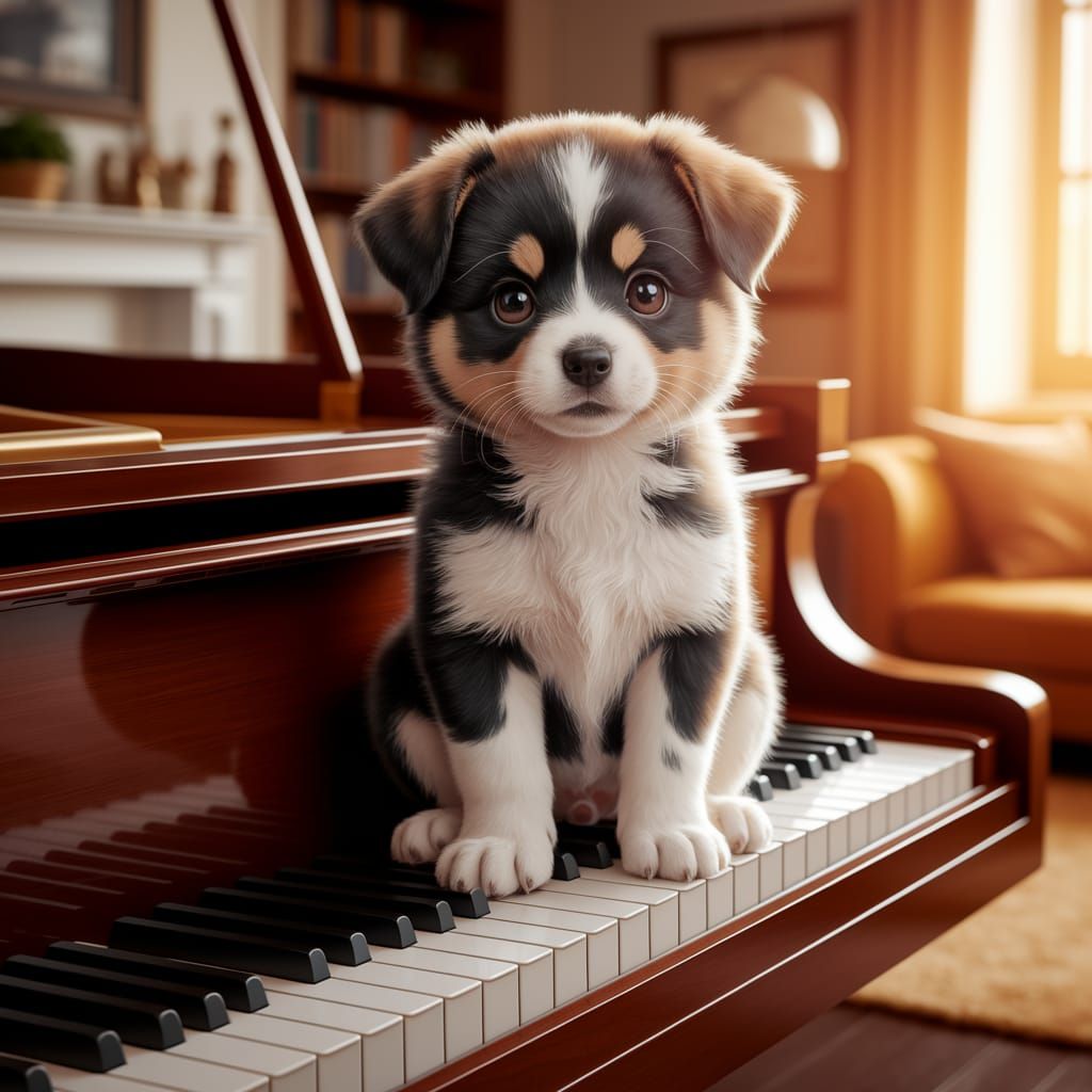 Fluffy Puppy on a Piano in Golden Sunlight