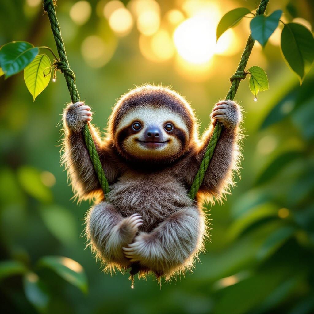 Fluffy Baby Sloth in Golden Hour Jungle Light