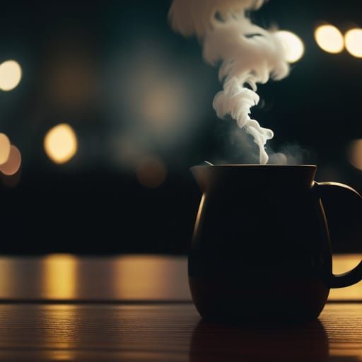 Steaming Black Coffee Amidst Blurred Night Lights