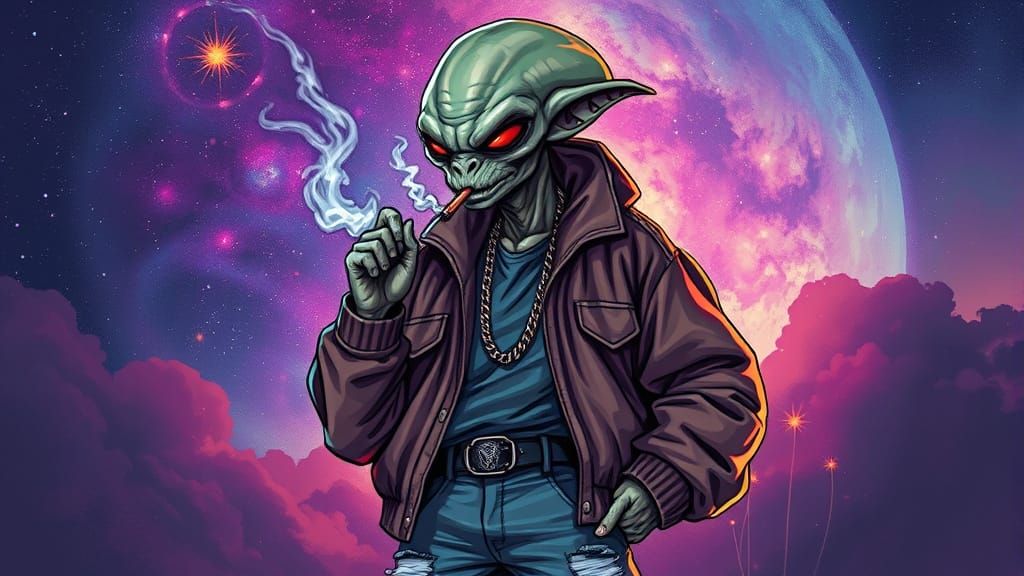 Hip-Hop Alien Smoking with Celestial Graffiti Art