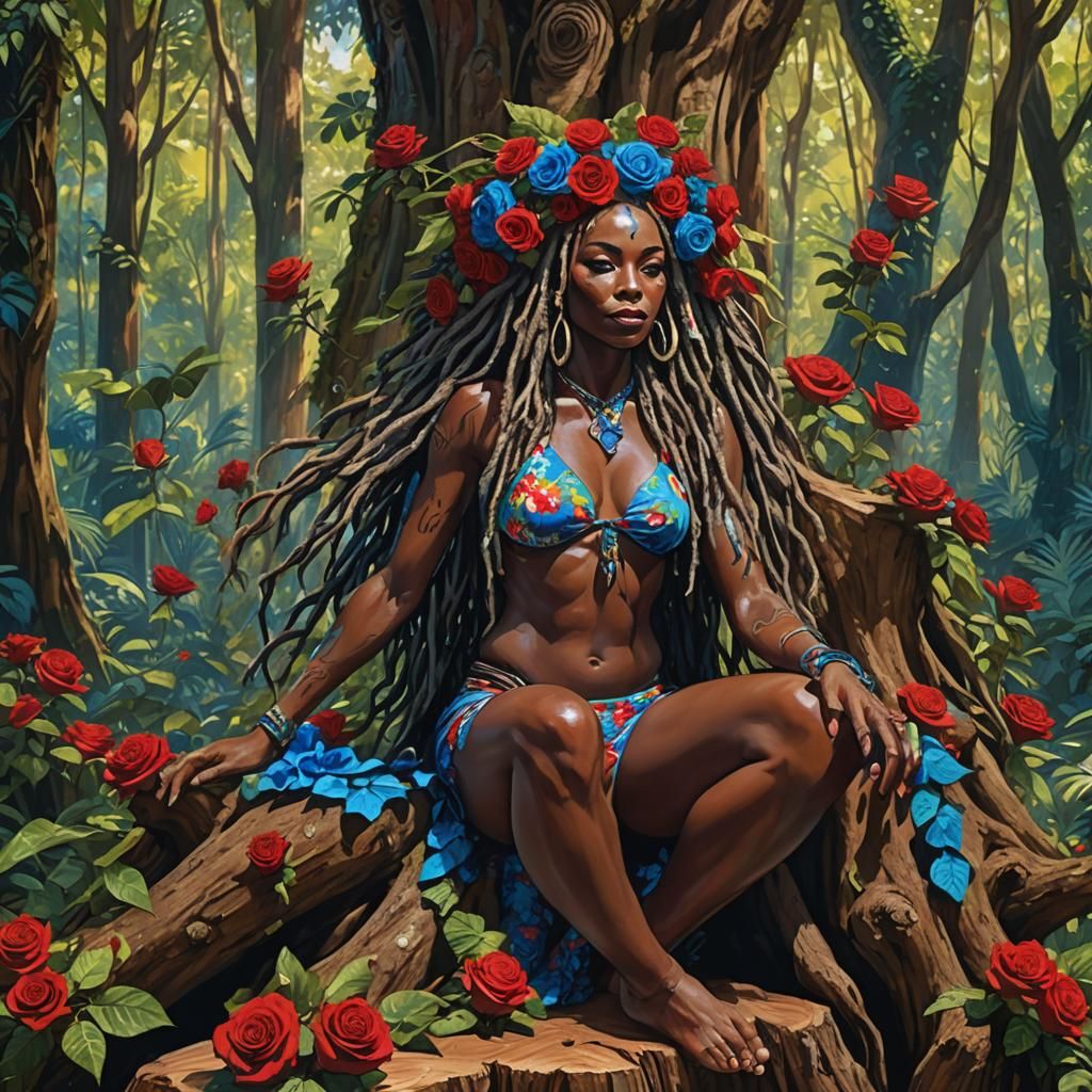 Woman with Roses in Forest, Klimt-Inspired Art