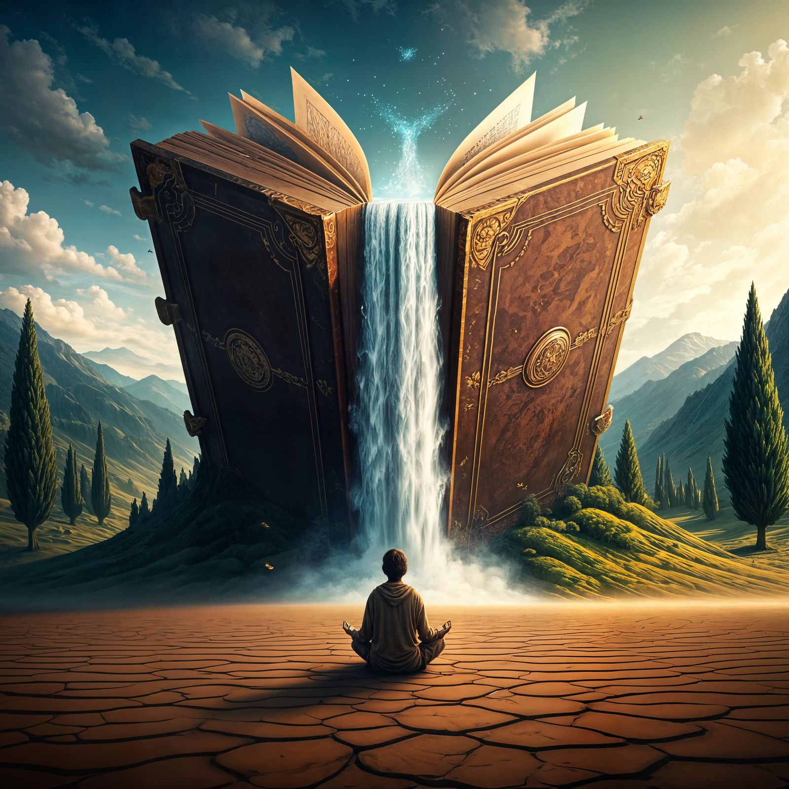 Magical Book with Waterfall in Surreal Desert