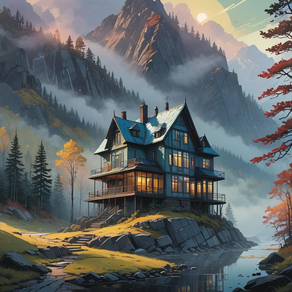 Stained Glass House in Misty Mountains at Dawn