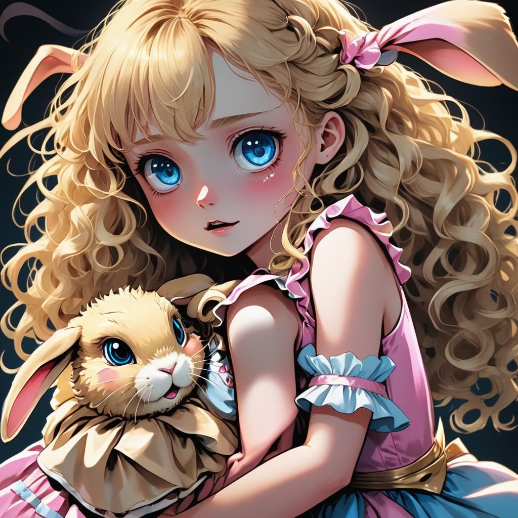 Frightened Girl with Animatronic Bunny in Anime Style