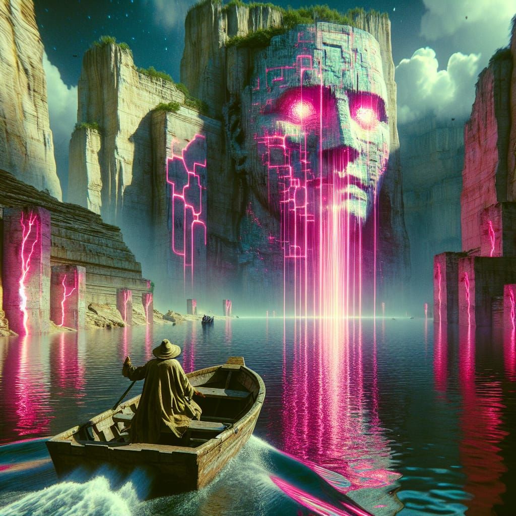 Surreal Dystopian Boat Journey Through Alien Ruins