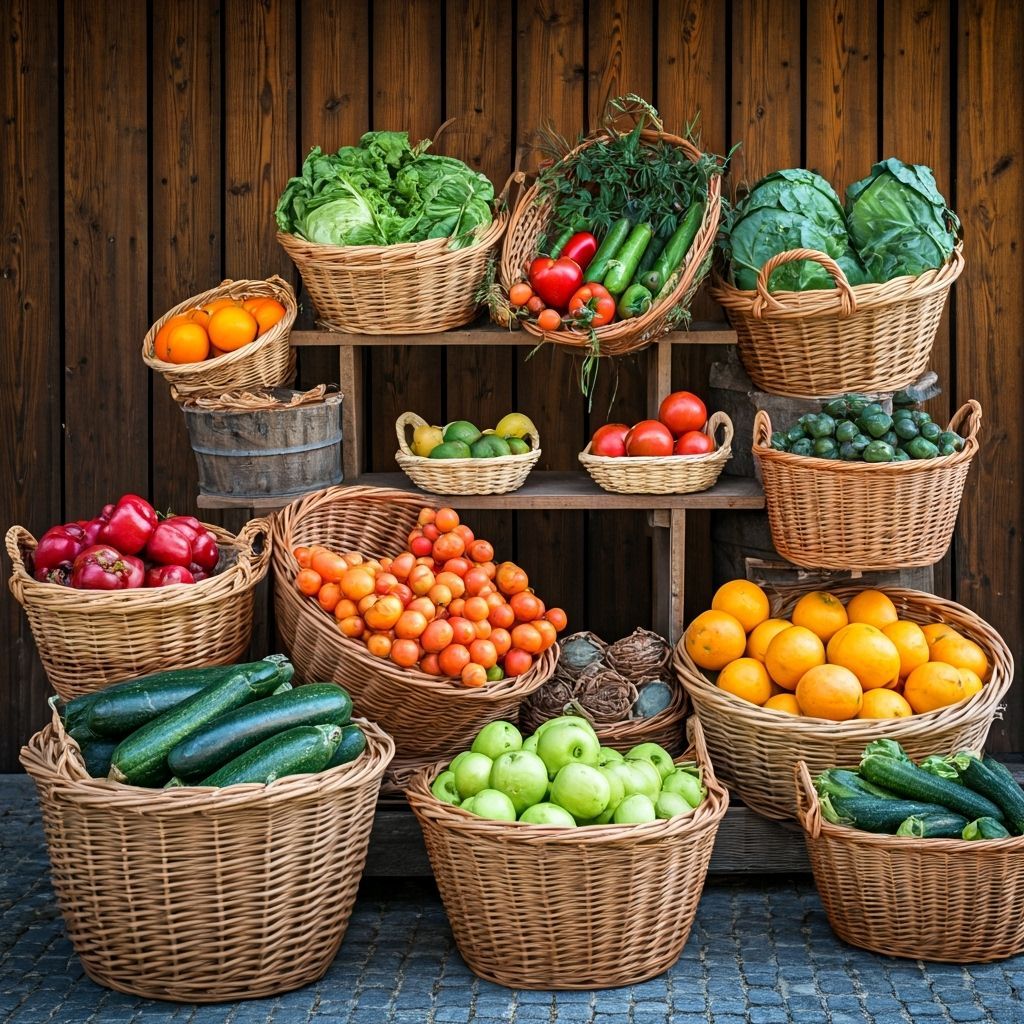 Baskets of Fruit and Vegetables on Wooden Stand