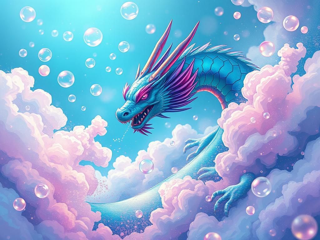 Iridescent Dragon Blowing Bubbles in Ethereal Art