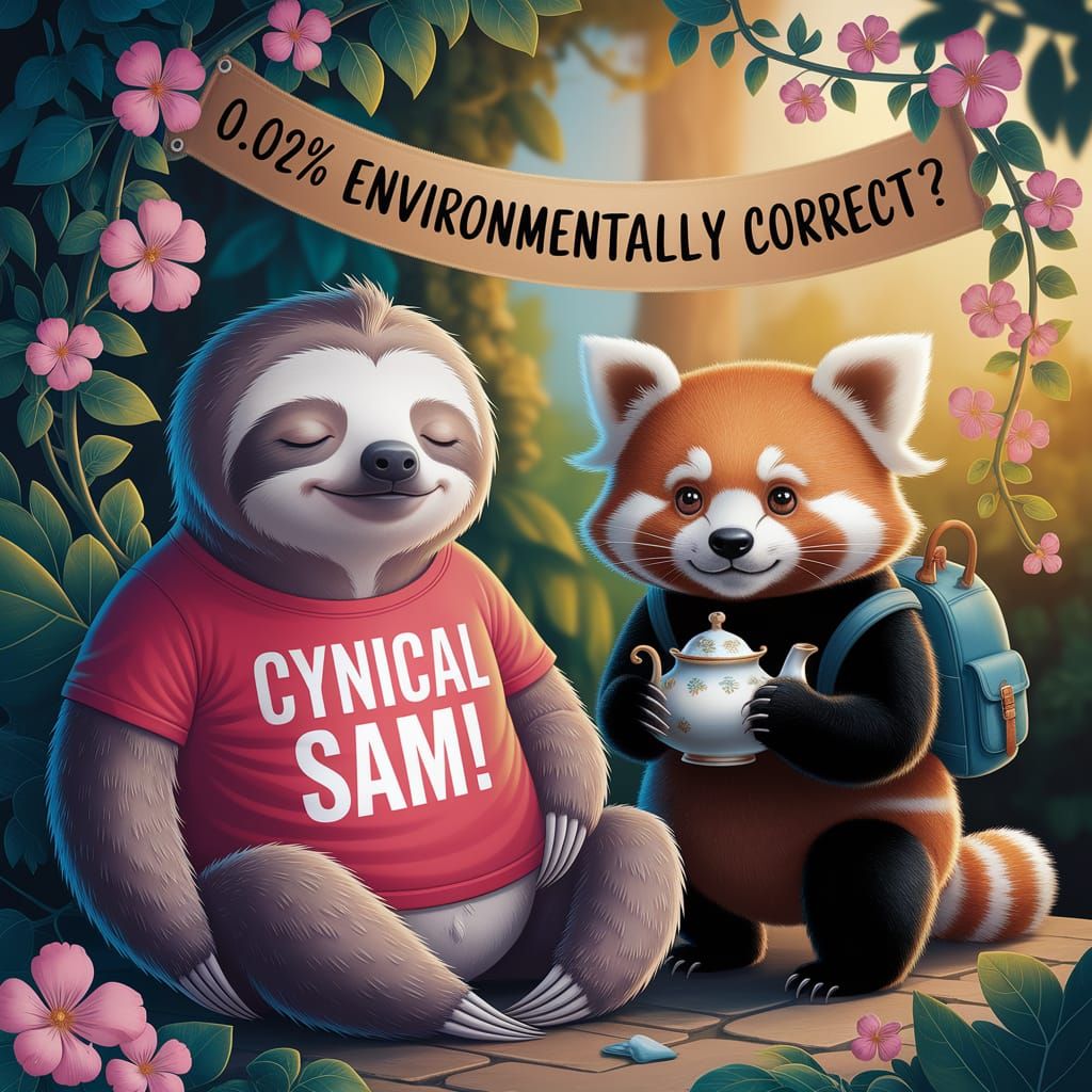 Sleepy Sloth and Red Panda with Teapot in Jungle