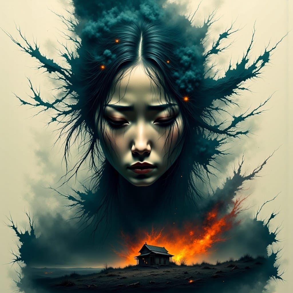 Emotional Double Exposure: Samurai in Charred Landscape