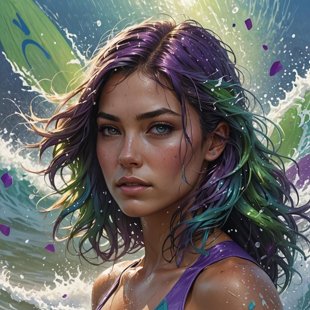 Beach Girl Portrait with Explosive Particle Background