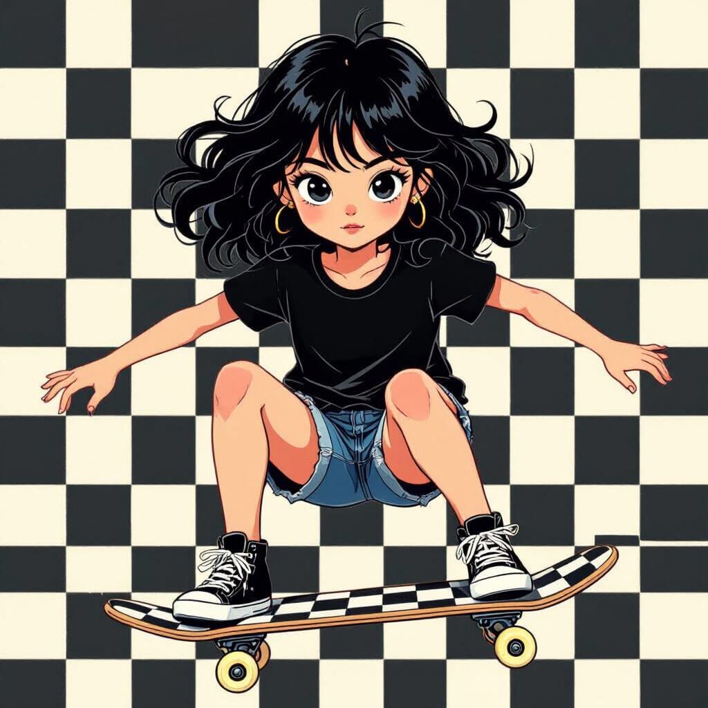 Girl on Checkered Skateboard in Stylized Realism