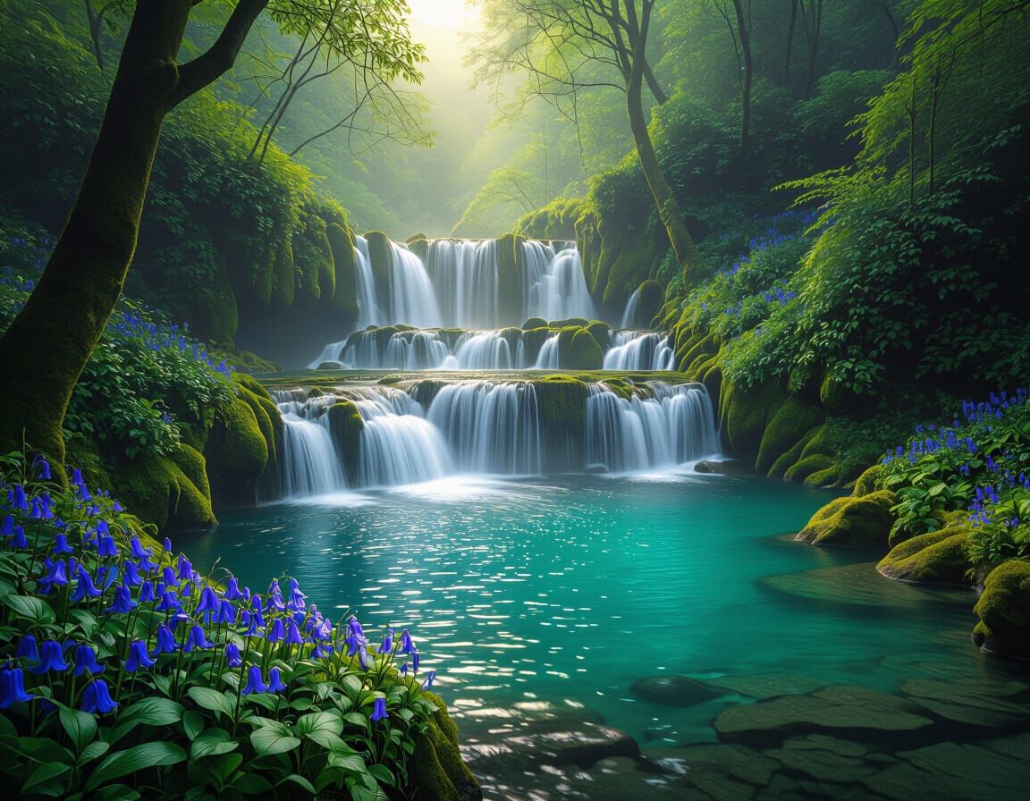 Hyperrealistic Waterfall Paradise with Emerald Peaks