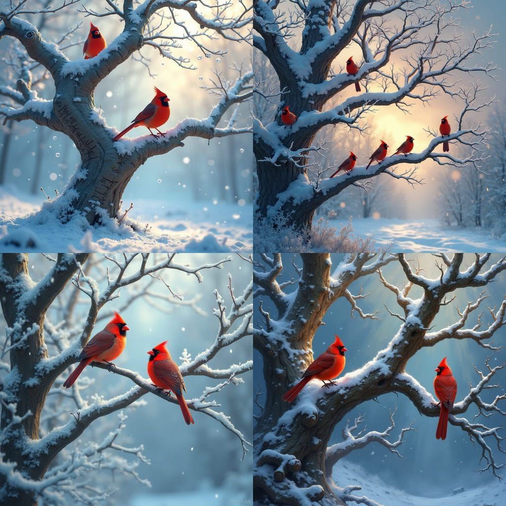 Winter Cardinals Adorn the Majestic White Tree in Fantastica...