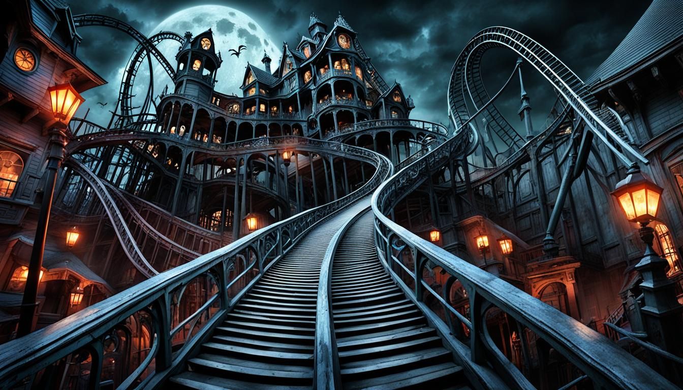 Haunted House Roller Coaster in Surreal Style