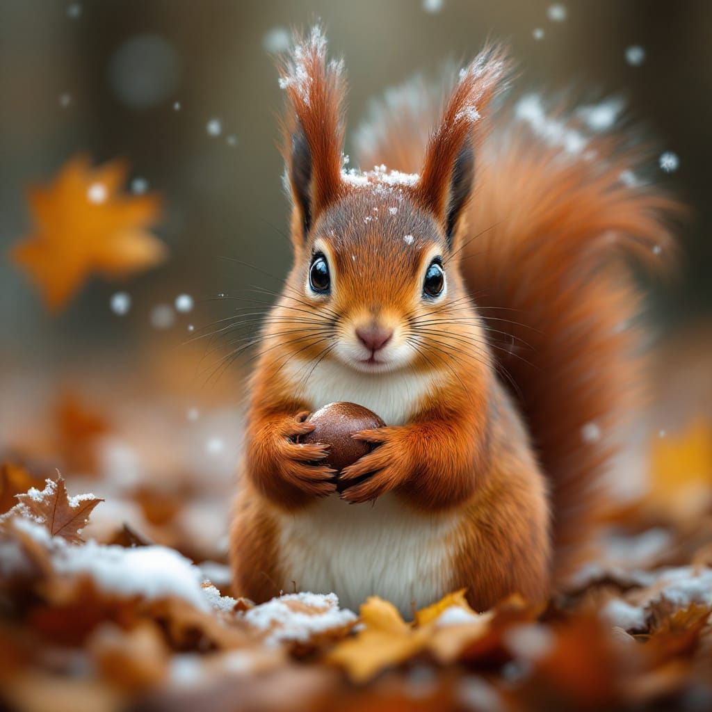 Red Squirrel Holding Hazelnut Amidst Autumn Leaves and Snowf...