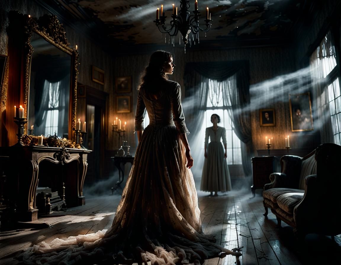 Frightened Woman in Haunted Mansion Mirror Reflection