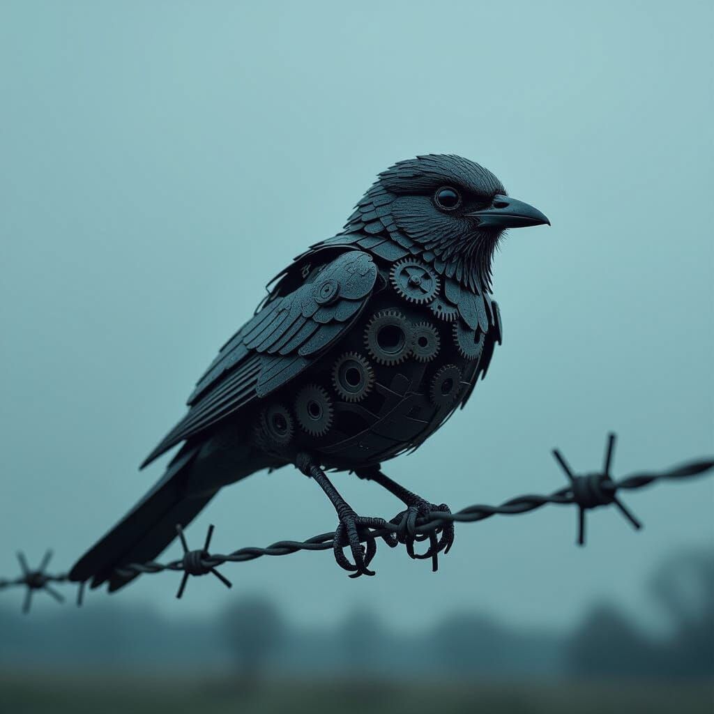 Rusty Gear Bird on Barbed Wire, Photorealistic Cinematic Sty...