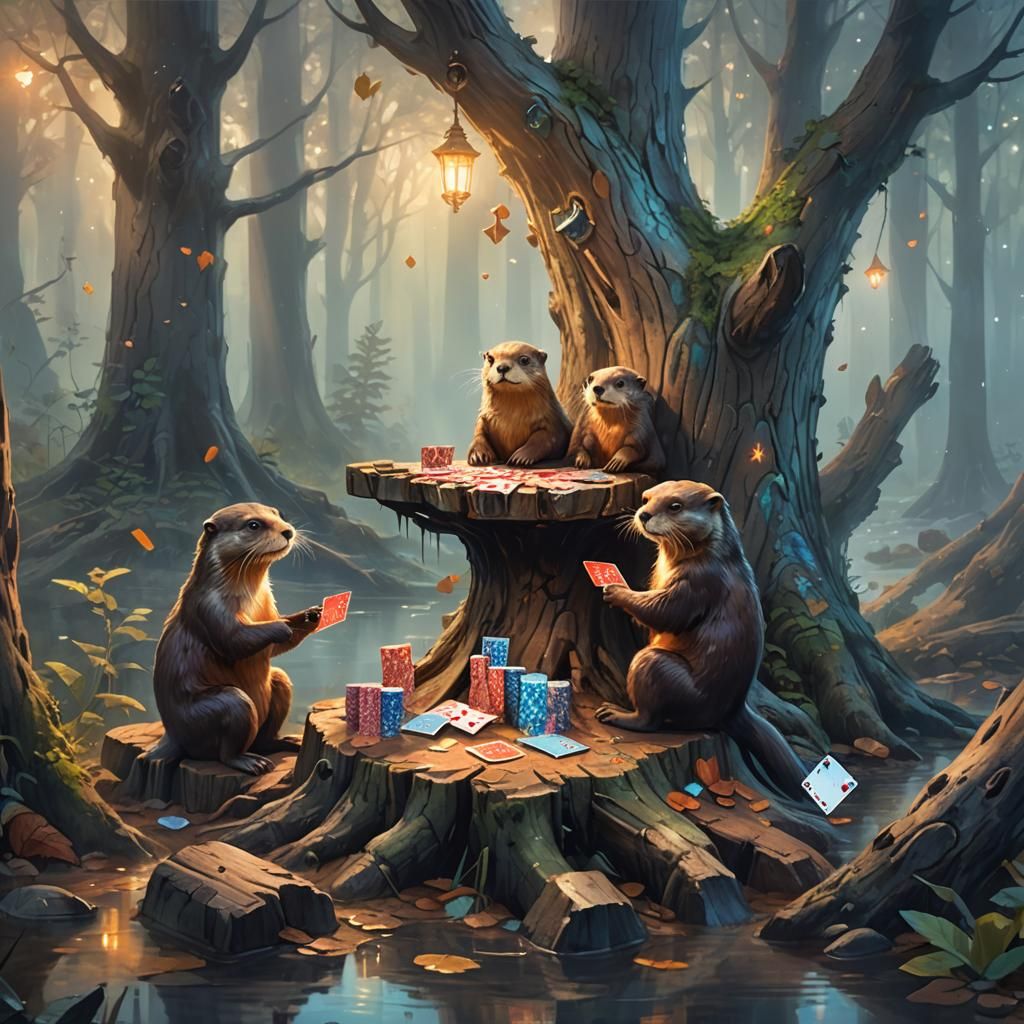 Otters Playing Cards in Misty Forest, Fantasy Art