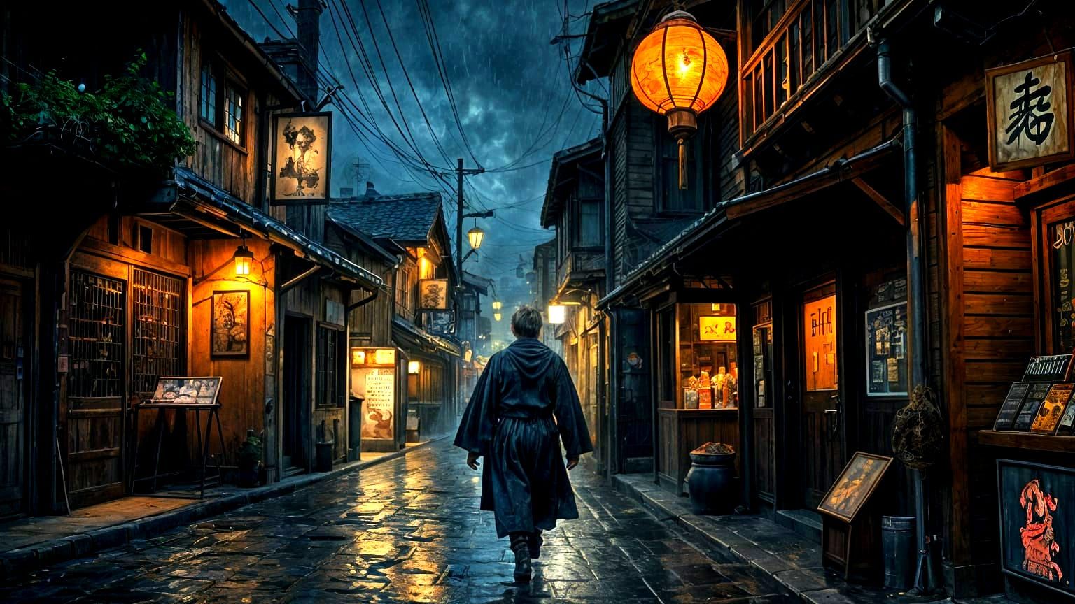 Rustic Japan Tavern Scene on Rainy Night