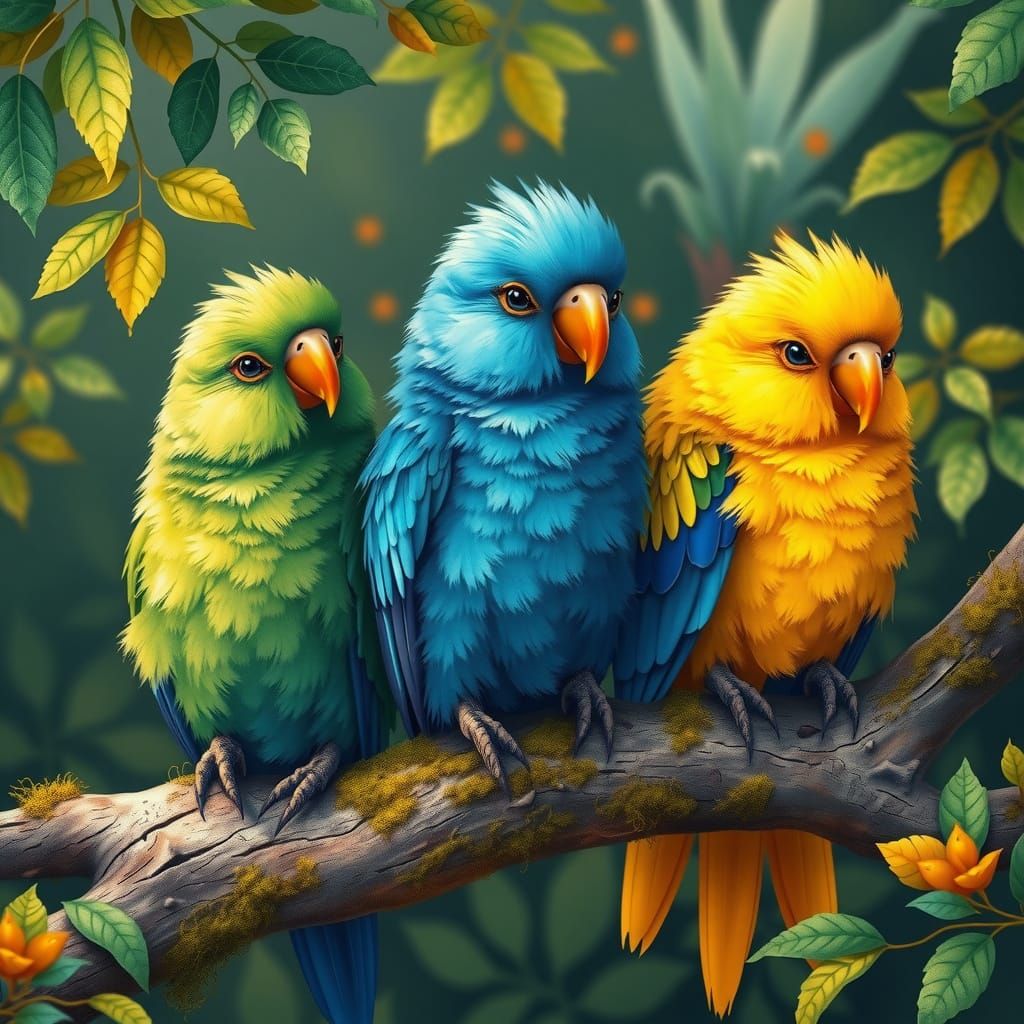 Vibrant Parrots Perch in Whimsical Woodland Scene