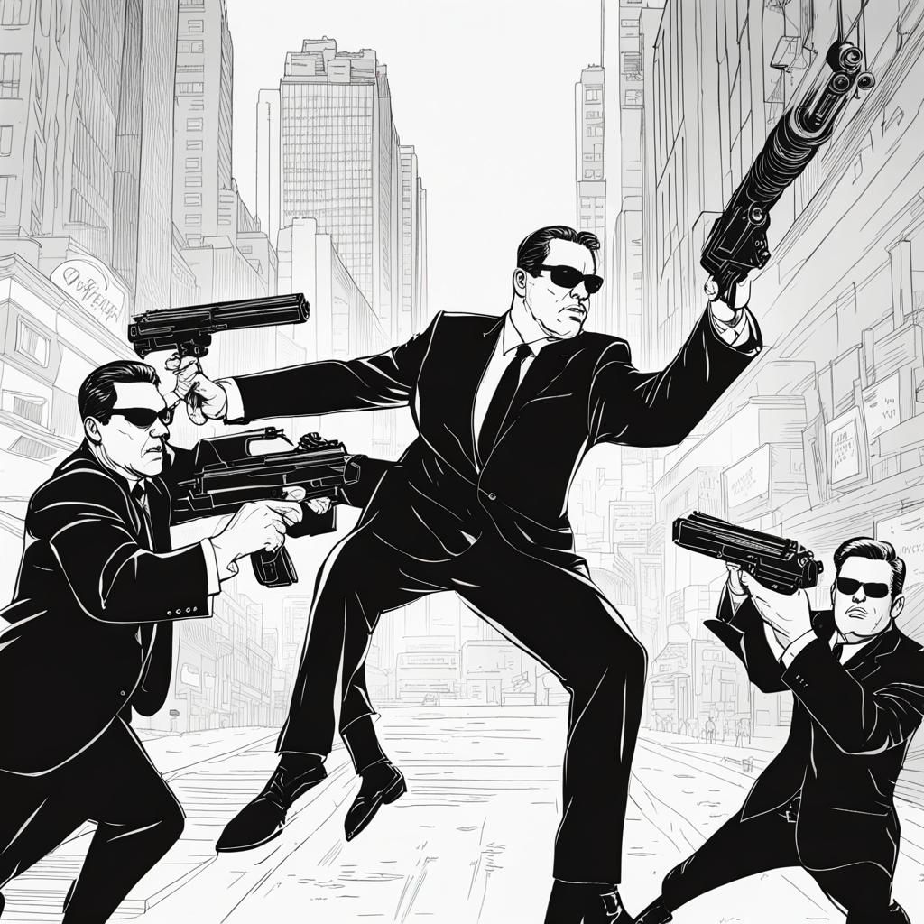 Men in Black: Dynamic Line Art Action Scene