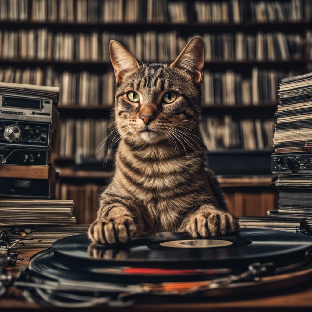 Hyperrealistic Cat Portrait Listening to Records