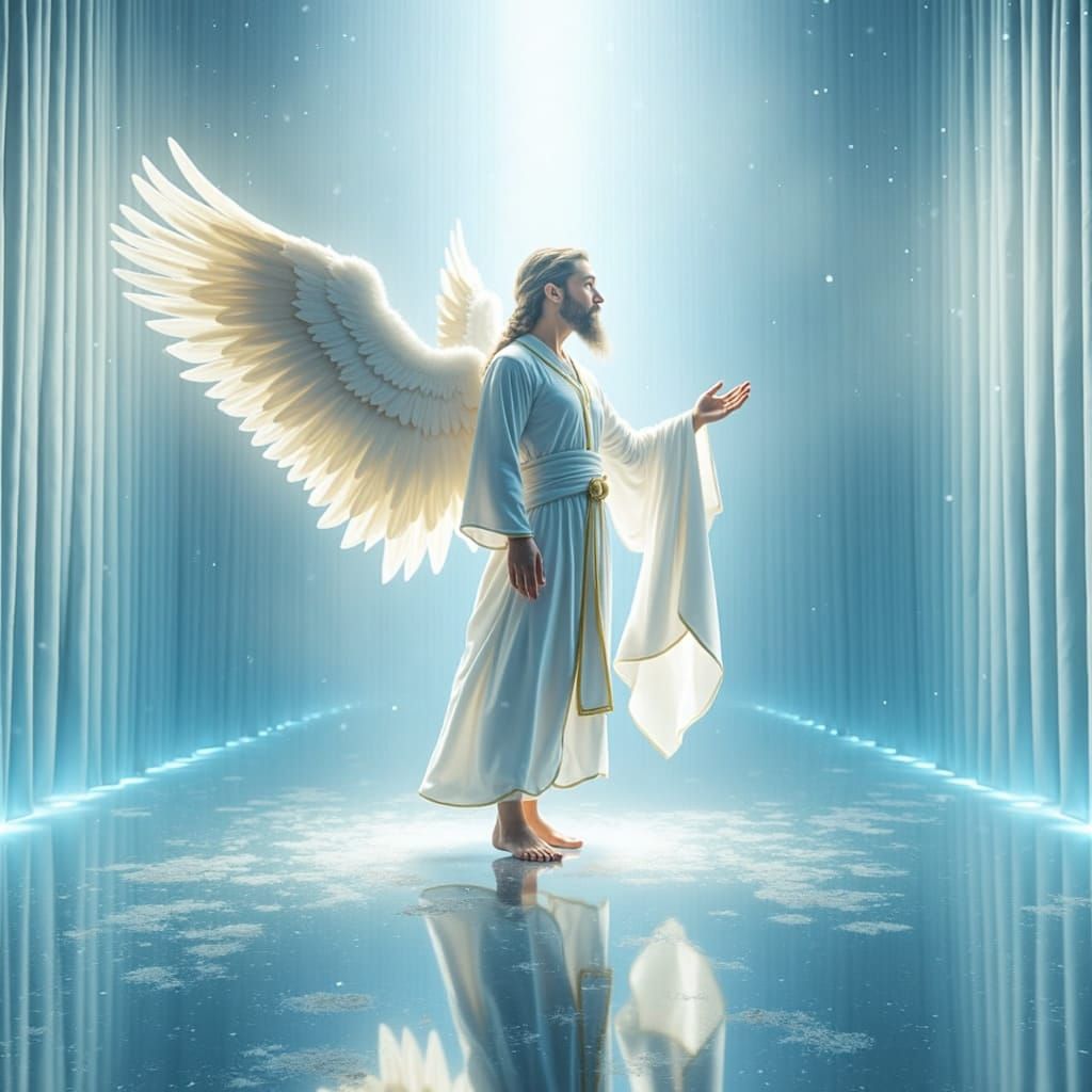 Bearded Angel Presents a White Robe in Oil Painting Style