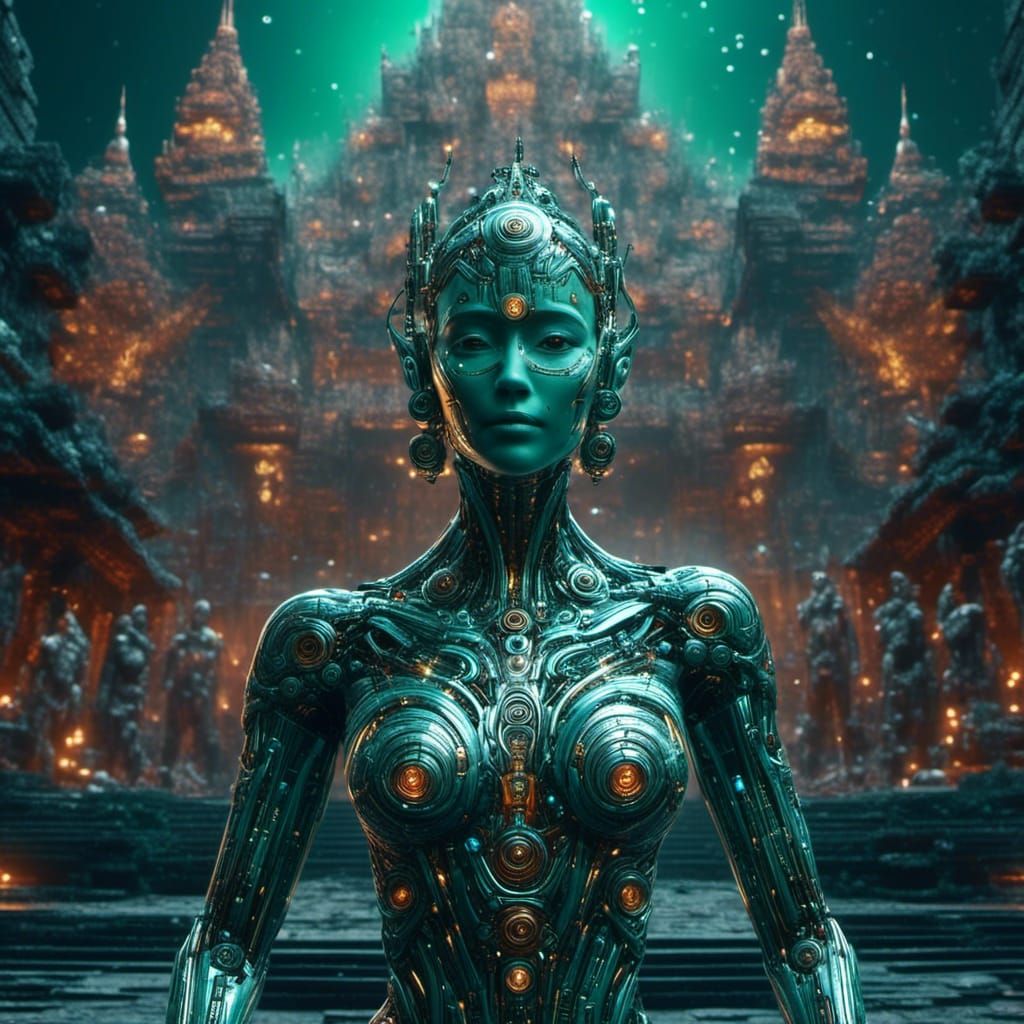 Hyperrealistic Sci-Fi Robot Portrait with Apsara Angkor Wat