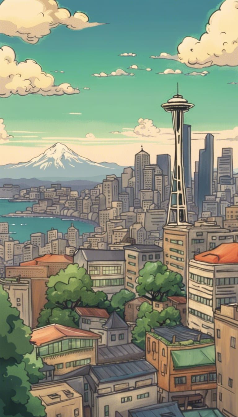 Seattle Skyline in Studio Ghibli Style