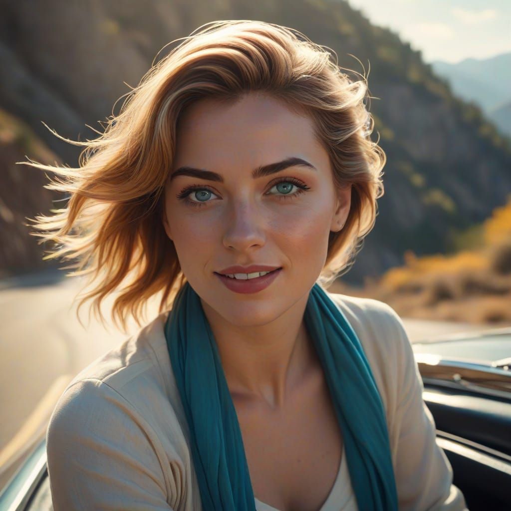 Woman Drives Convertible on Mountain Road in Splash Art