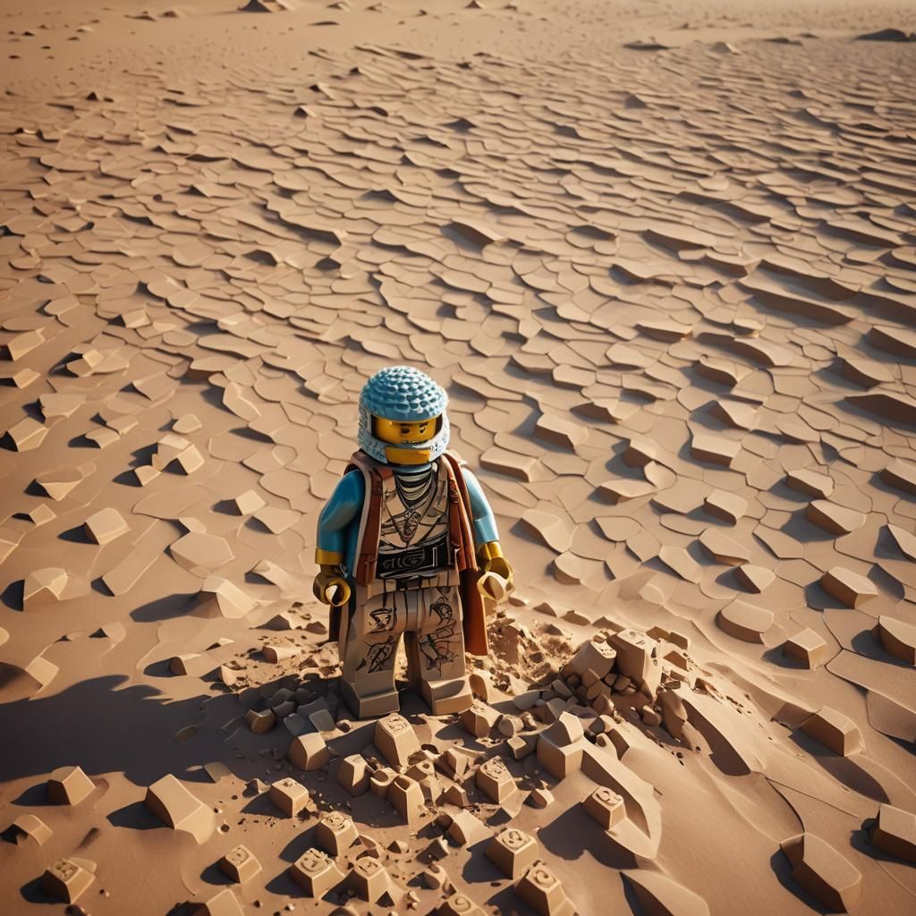 Lego Figure in Desert: Hyperrealistic Concept Art