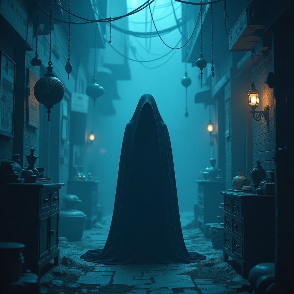 Mysterious Figure Surrounded by Bizarre Objects