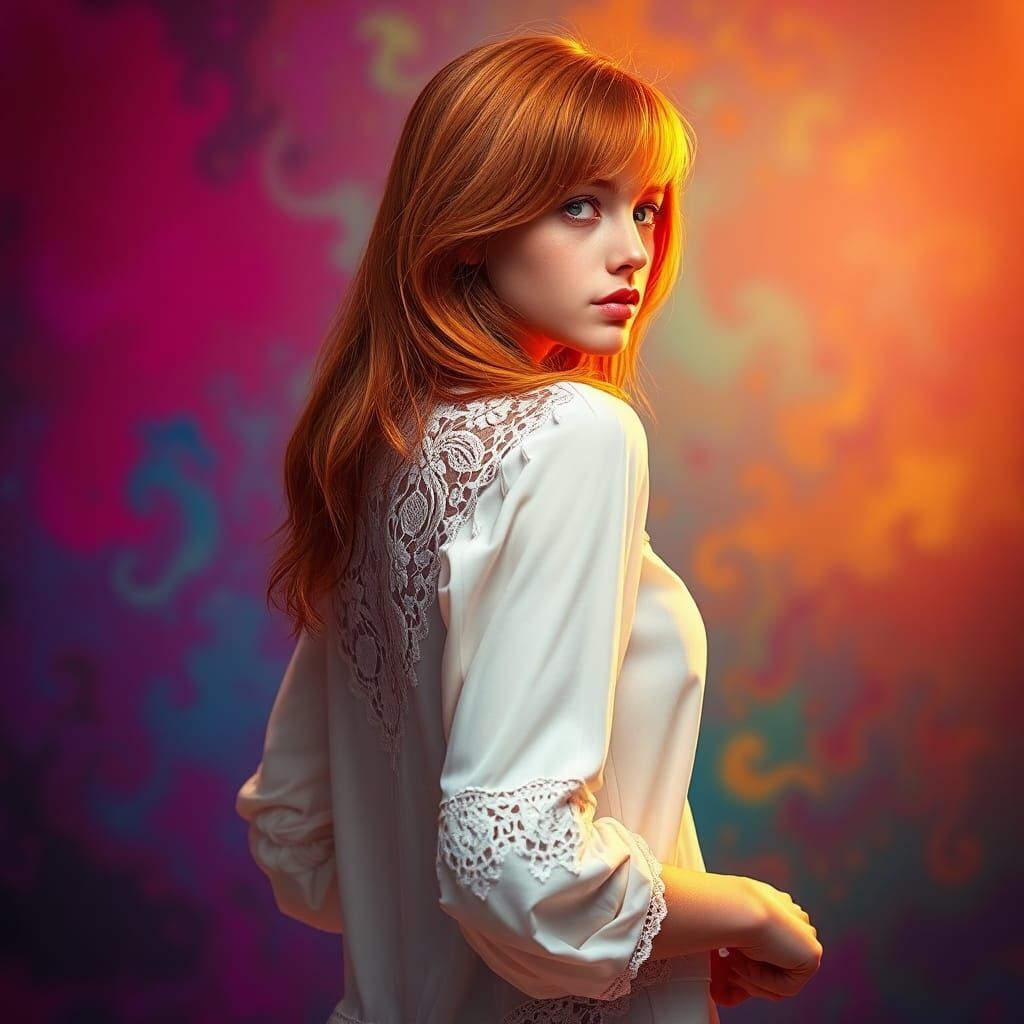 Ginger-Haired Girl in White Shirt, Hyperrealistic Splash Art