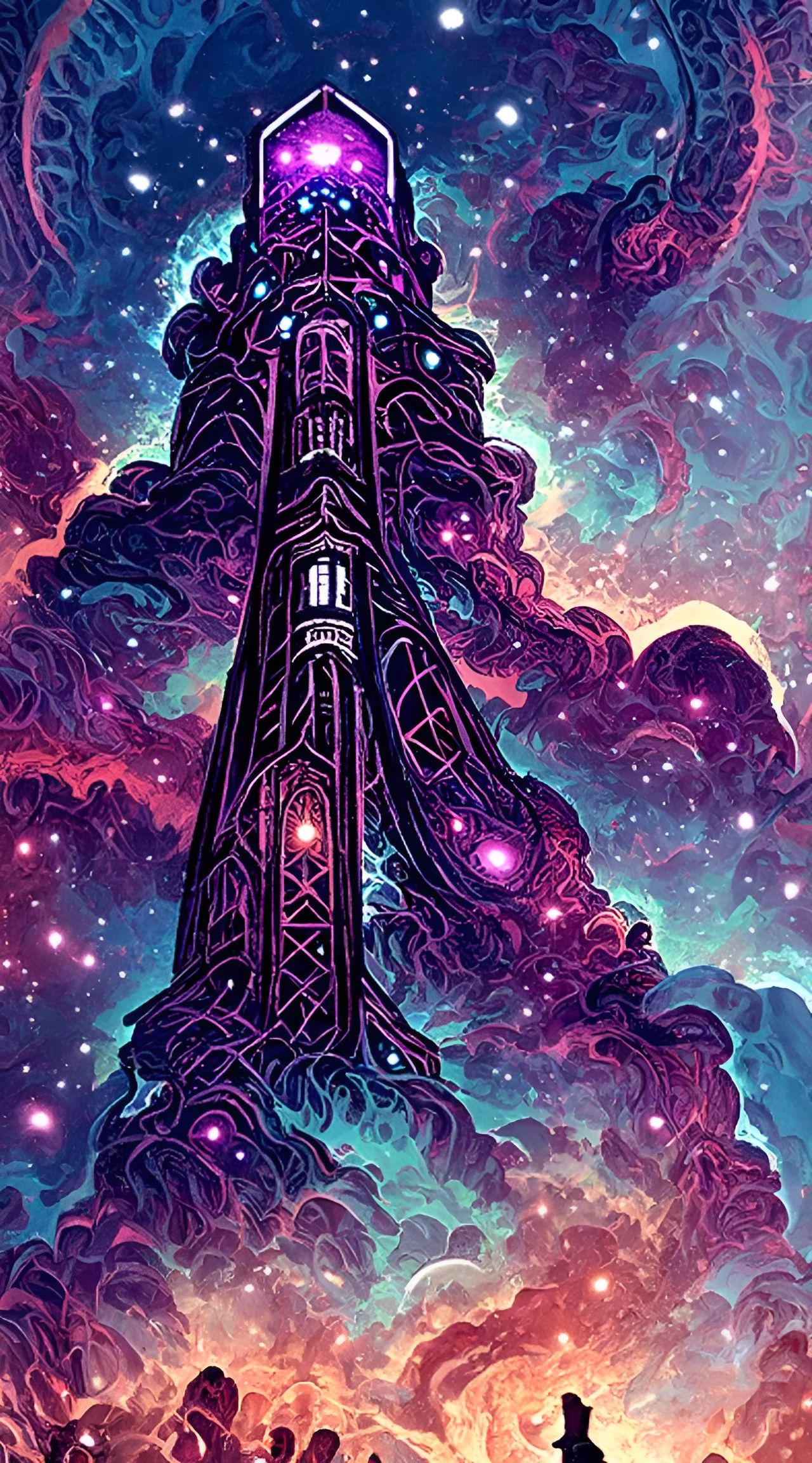 Omnipotent Galactic Tower: Art Nouveau Digital Illustration