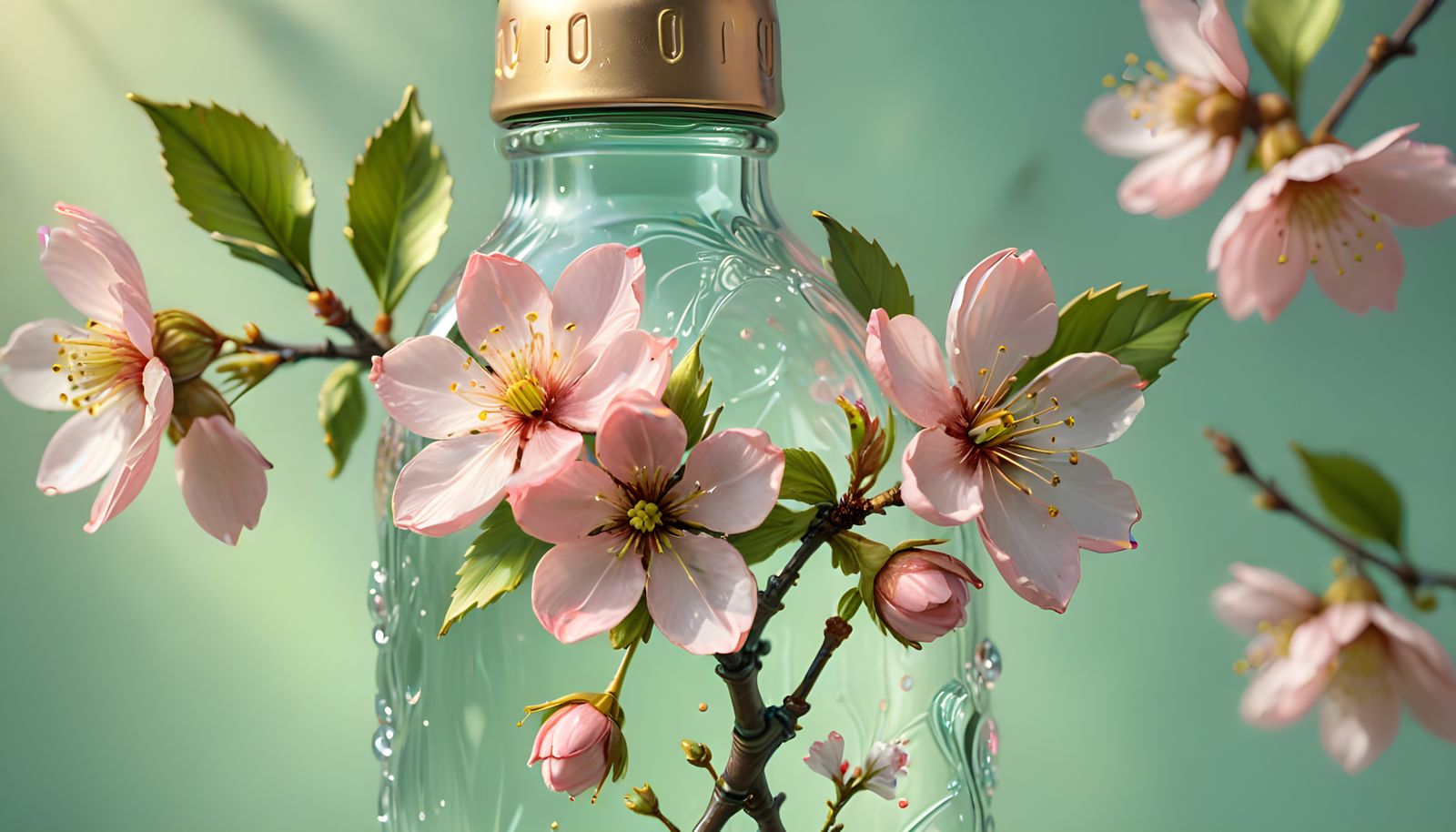 Cherry Blossom Water Bottle in Oil Painting Style