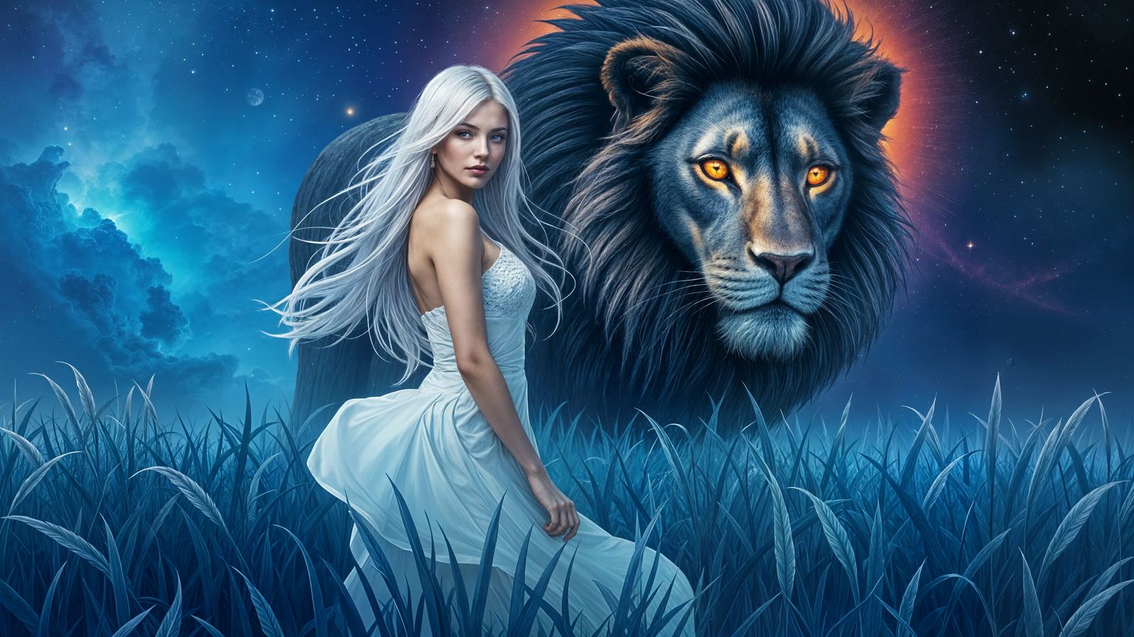 Ethereal Woman and Lion Amidst Cosmic Nebula