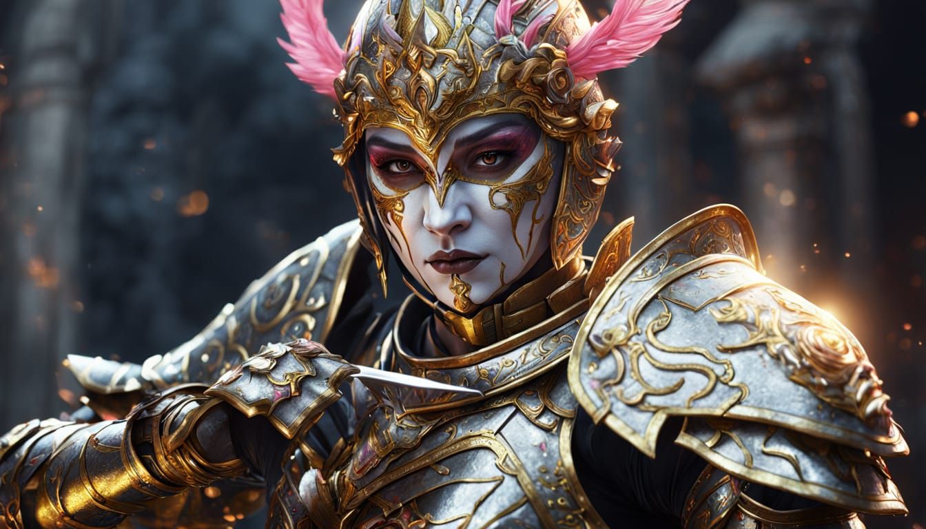 Fantasy Warrior with Ornate Armor and Mime Face