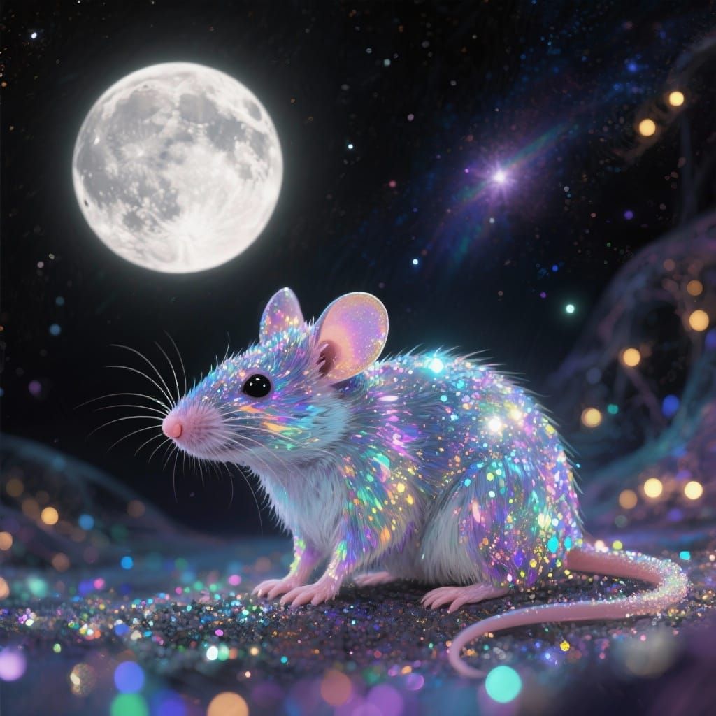 Iridescent Mouse Under Full Moon with Glittering Lights