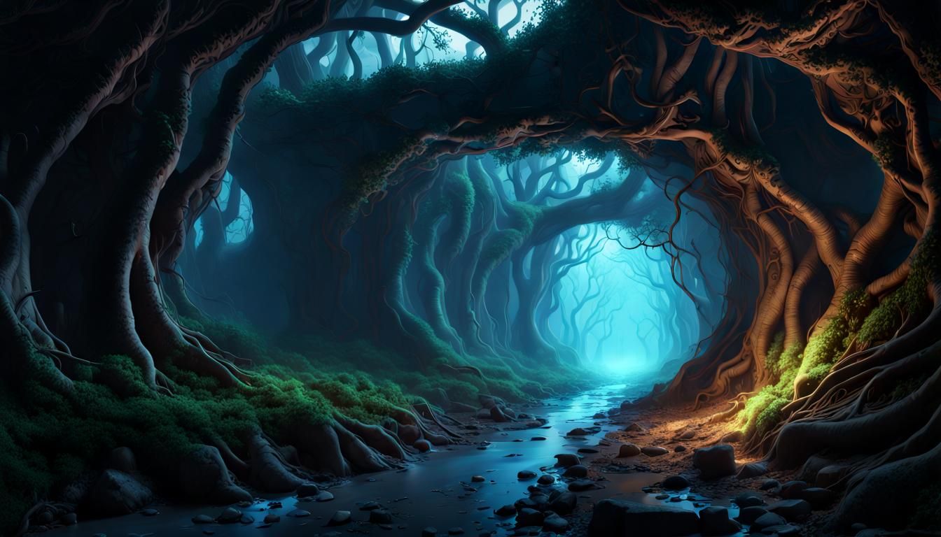 Mystical Tree Root Tunnel with Blue Glow