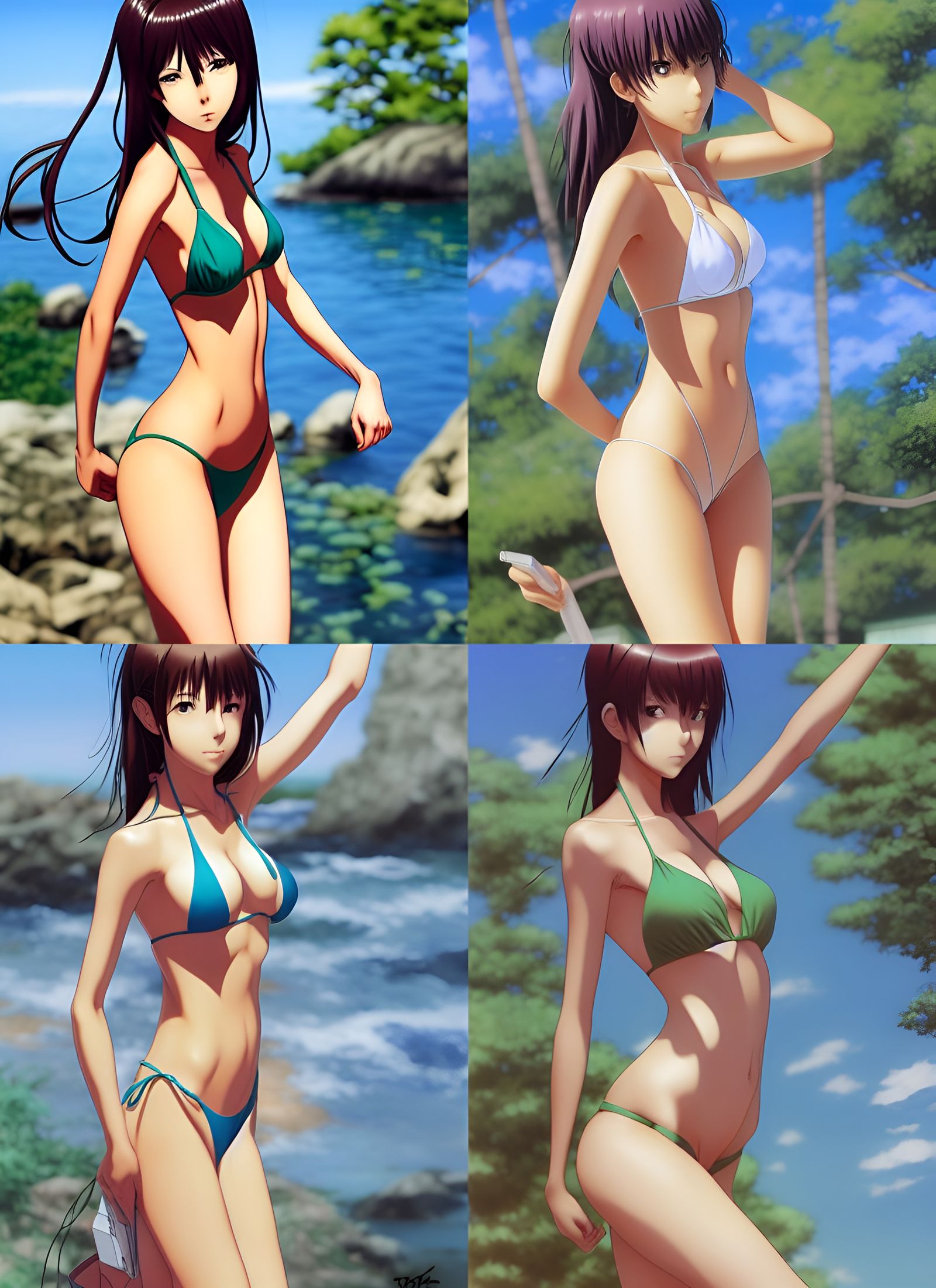 a beautiful girl model with accurately shaped face and perfect body posing in bikini. by takashi takeuchi, yoshiyuki sad...