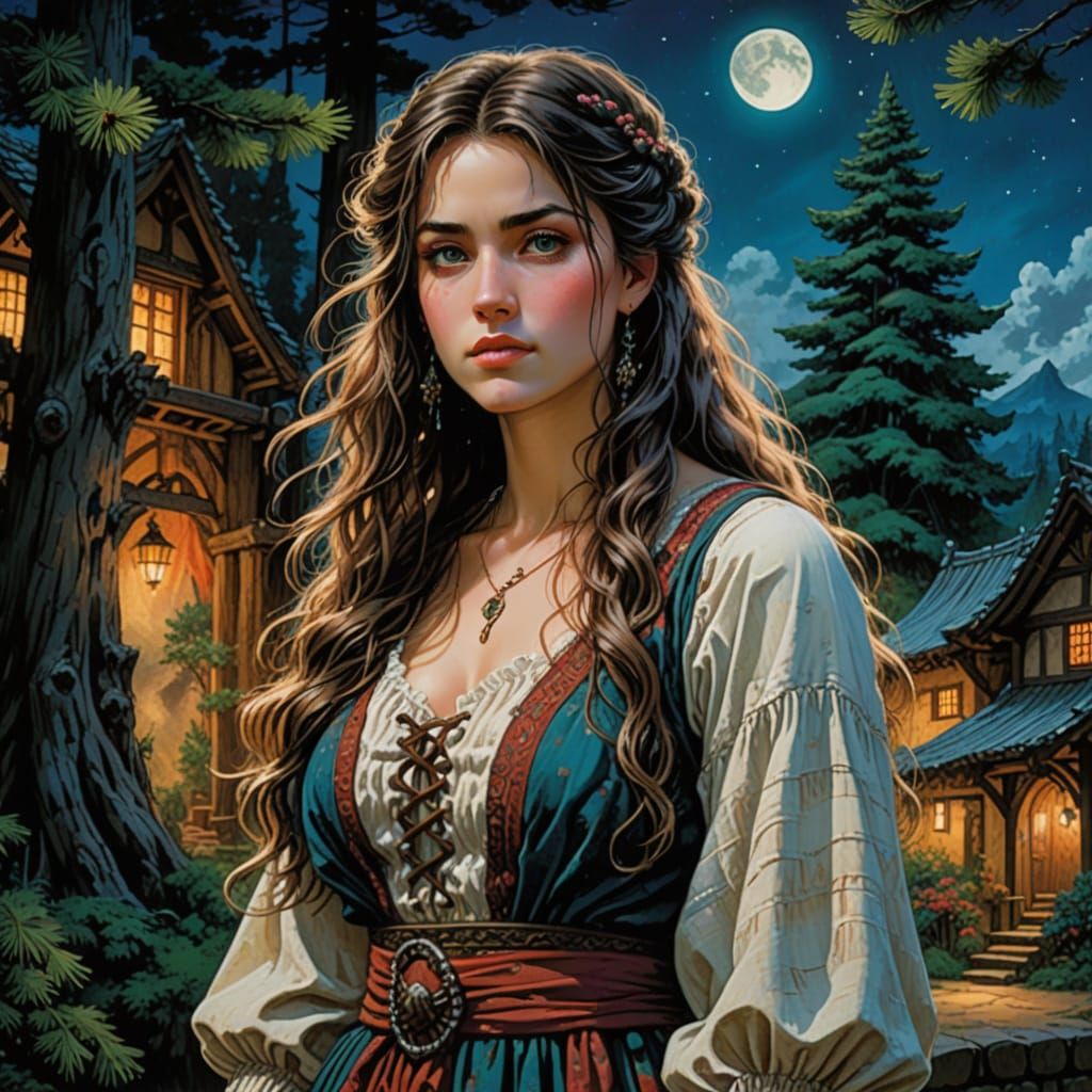 Mystical Village Maiden Under Starry Pine Trees