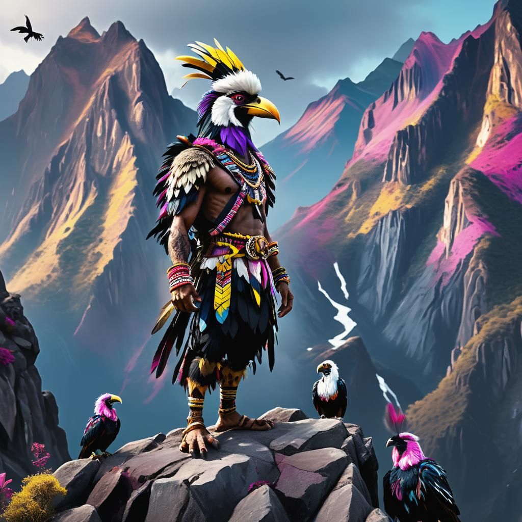 Adventurer with Hornbills on Mountaintop in Cinematic Style