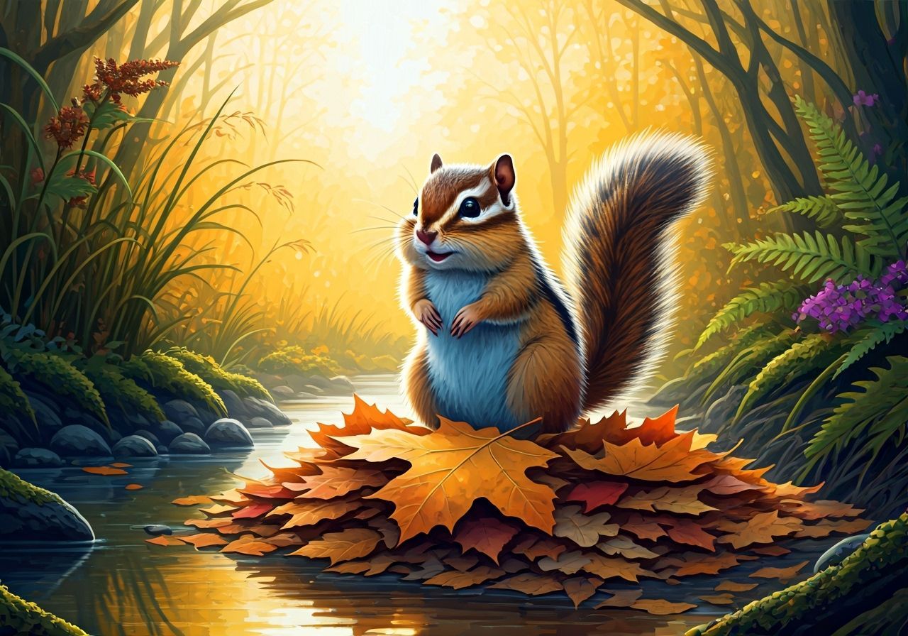 Cute Chipmunk Jumps in Autumn Leaves, Watercolor Style