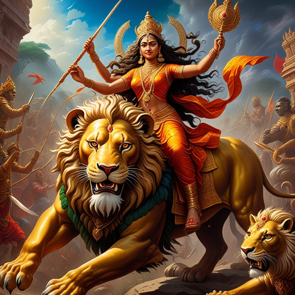 Goddess Durga Slaying Demon, Vibrant Oil Painting
