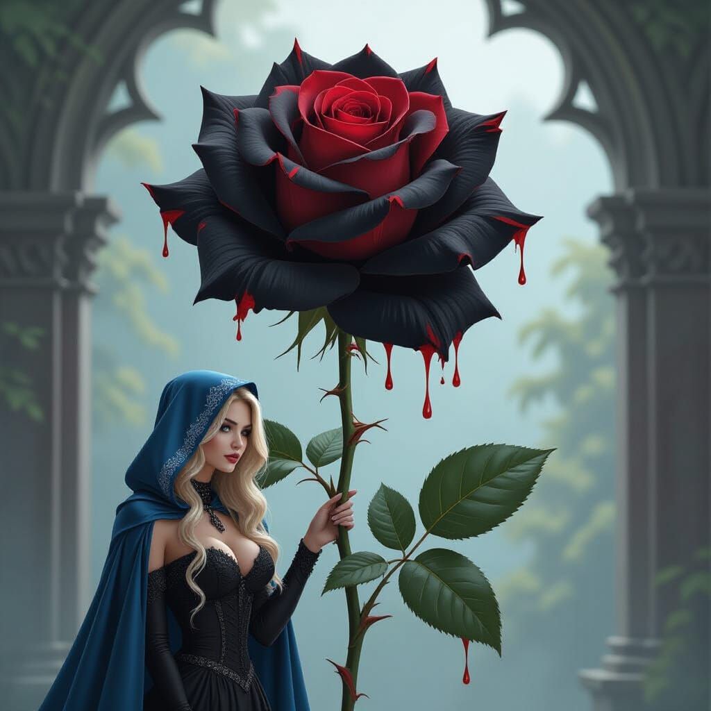 Black Rose With Crimson Edges And Woman