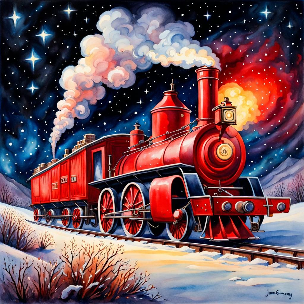 Festive Christmas Steam Engine in Watercolor Style